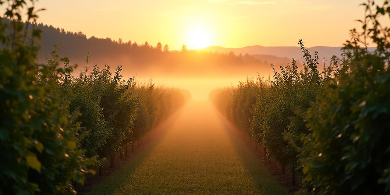 Lush organic farm orchard at sunrise