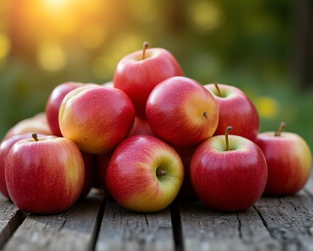 Golden Delicious and Honeycrisp apples on a wooden table